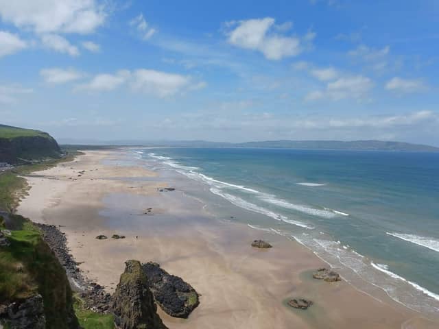 Magnificent Benone Strand stretches seven miles from Magilligan Point to Downhill. If the tide is out far enough it is possible to walk from the point the whole way to Castlerock - another fine bathing spot. The spectacular golden strand is on the Atlantic and thus can be prone to rip currents so extra care should be taken. There are lifeguards at Benone and Castlerock so swim between the flags.