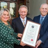 Phil Coulter who has received the Freedom of Derry pictured with Derry City and Strabane District Council Mayor, Councillor Sandra Duffy and Chief Executive, John Kelpie. Picture Martin McKeown. 07.10.22 