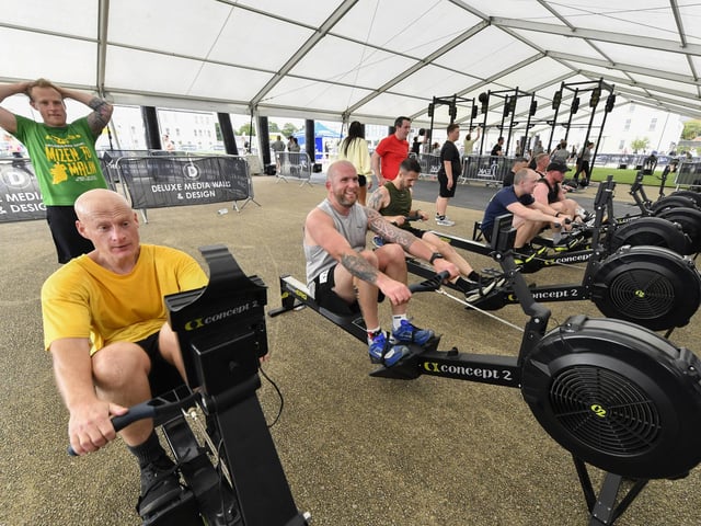 Competitors take part in the Ebrington Hyrox on Saturday morning. Photo: George Sweeney
