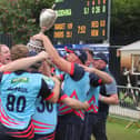 Newbuildings players celebrate with the cup after their Sports Hub Senior Cup victory over Donemana. (Photo: Lawrence Moore)
