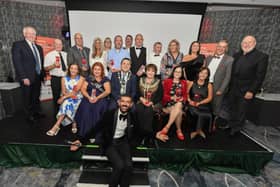 Derry Journal / BetMcLean People of the Year Awards 2025. Mayor Ruairi McHughl and host Micky Doherty pictured with some of the Award Winners and sponsors at the Everglades Hotel. Photo: George Sweeney