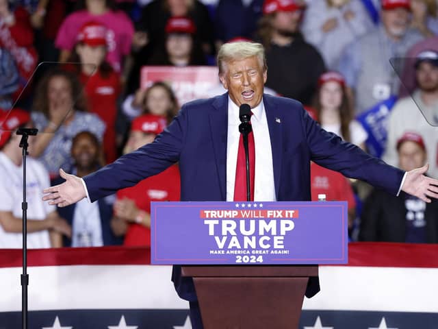 Donald Trump speaks during a campaign rally at Van Andel Arena in Grand Rapids, Michigan on November 5 2024.