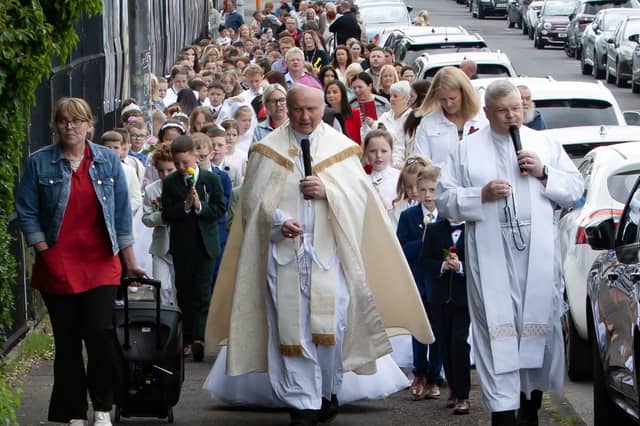 Bishop McKeown and Fr. McFaul leading the procession down towards St. Mary's Church on Thursday.