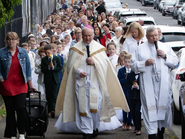 Bishop McKeown and Fr. McFaul leading the procession down towards St. Mary's Church on Thursday.