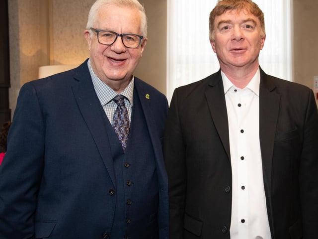 Michael Curran and Robert Muir at the Carndonagh Traders Association Business and Community Awards in Ballyliffen Lodge Hotel on Saturday night last. Photo Clive Wasson