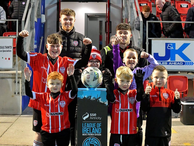 Mascots pictured with Derry City’s Cameron McJannett and Adam O’Reilly before Friday evening’s game against Cork City.. Photo: George Sweeney. DER2308GS – 142