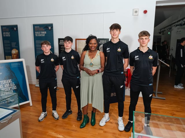 Derry City & Strabane District Council Mayor Lilian Seenoi-Barr pictured at the launch of the Super Cup in The Alley Theatre with the Tyrone juniors captains Brayden McNally, Sean Donnelly, and senior boys' captains Luke McAllister and Daniel Beatty.