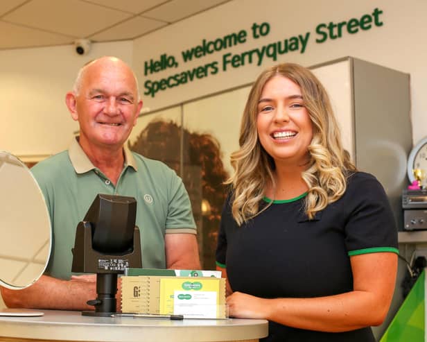 Thomas Healy with Specsavers optometrist Cora McAdams