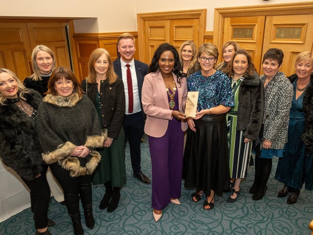 The Mayor Councillor Lilian Seenoi-Barr welcomed members of the Respiratory Team from the Western Health and Social Care Trust to the Guildhall where Omagh based Community Respiratory Nurse Joan Graham accepted a commemorative gift on their behalf. The gift is inscribed with the citation, “In recognition of your Outstanding Commitment Care and Dedication to the people of the Western Health and Social Care Trust Area”. The team were nominated by Daniel McCrossan MLA whose late mother benefited from the care and expertise they provided. Picture Martin McKeown. 26.11.24