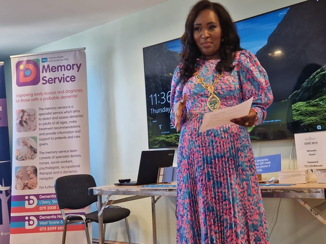 The Mayor of Derry and Strabane Lilian Seenoi-Barr at the launch of the Age Concern Causeway Dementia Wristband initiative at the Guildhall.