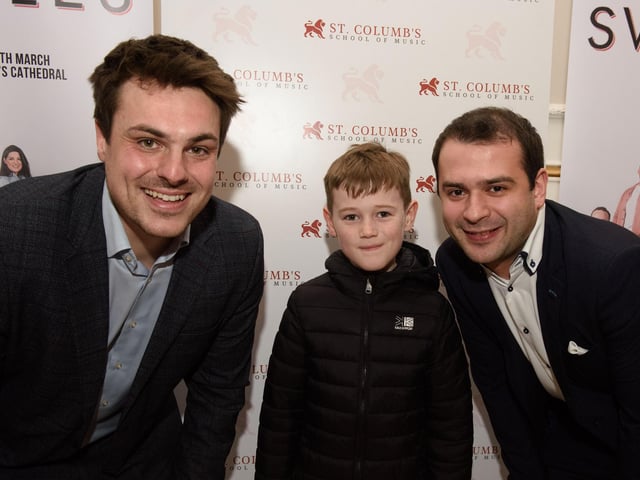 Louis Fields and Nicky Morton, founders of St.Columb’s School of Music pictured with Alfie Olphert as they hosted the School’s annual Gala concert in St.Columb’s Hall headlined by the Swingles, Picture Martin McKeown.