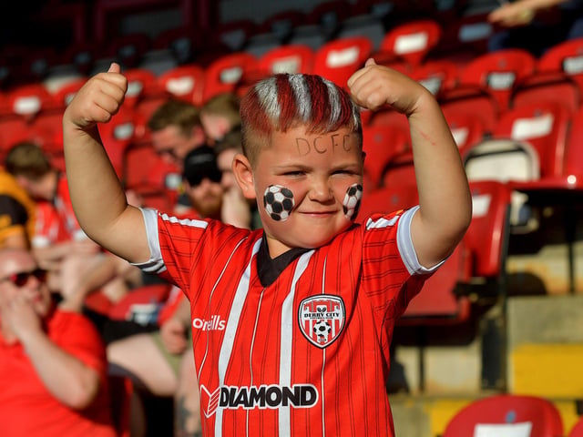 The candystripes biggest fan at the Ryan McBride Brandywell Stadium for the Derry City versus Bohemian game on Friday evening. Photo: George Sweeney. DER2322GS – 130