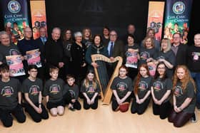 Included in the picture from the launch of Fleadh Mhór Dhoire at Studio 2 are Co-chairs of the event Angela Harkin and Ollie Green, Brendan Molloy, County Derry Chair of Comhaltas Ceoltóirí Éireann, Councillor Patricia Logue, Mayor of Derry City and Strabane District Council, Bishop of Derry, Dr Donal McKeown, members of the organising committee and young musicians from CCÉ Baile na gCailleach. Picture courtesy of Tom Heaney – nwpresspics.com