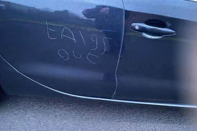 The anti-Catholic and anti-Irish slogan ‘taigs out' was scored into the side door of a car in an incident in Derry's Waterside last year.