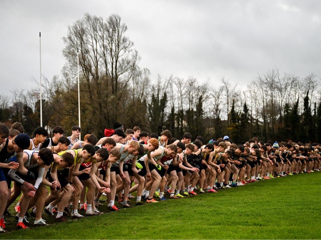 A general view of the start of the under 20 men's 4500m race during the 123.ie National Cross Country Championships at Templemore Sports Complex in Derry. Photo by Ramsey Cardy/Sportsfile