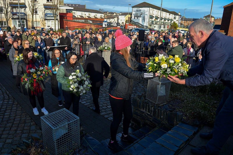 Relatives lay wreaths during the Annual Bloody Sunday Remembrance Service held at the monument in Rossville Street on Sunday morning.  Photo: George Sweeney. DER2306GS – 17