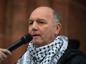 Tony Doherty speaking at a previous march and rally at Guildhall Square, calling for a ceasefire in Gaza. Photo: George Sweeney