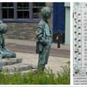 Left Maurice Harron's sculpture depicting impoverished children at the Hiring Fair in Letterkenny, and right, the inscription in Newtoncunningham.