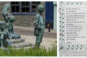 Left Maurice Harron's sculpture depicting impoverished children at the Hiring Fair in Letterkenny, and right, the inscription in Newtoncunningham.