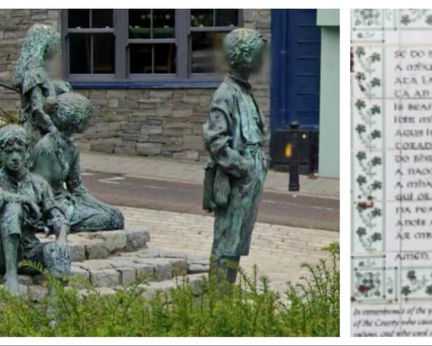Left Maurice Harron's sculpture depicting impoverished children at the Hiring Fair in Letterkenny, and right, the inscription in Newtoncunningham.