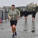 Declan Doherty completes his 30th and final sponsored 10k run on Monday evening last in support of three-year-old Dáibhin McConnell-Mailey who recently has undergone surgery for below the knee amputation of both legs. Included in the photograph are Kevin Doherty, Kevin McLaughlin and Ryan Dillon who supported Declan during his daily runs. Photo: George Sweeney
