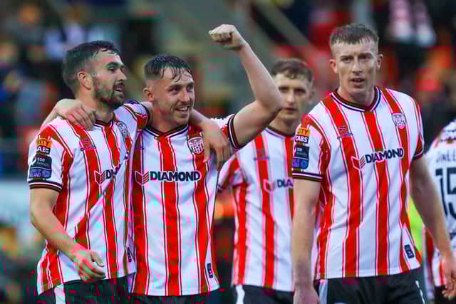 Goalscorers Michael Duffy and Gavin Whyte celebrate as Derry City run riot against Waterford. Photo by Kevin Moore.