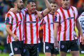Goalscorers Michael Duffy and Gavin Whyte celebrate as Derry City run riot against Waterford. Photo by Kevin Moore.
