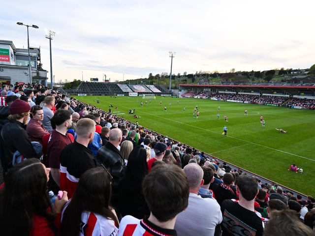 A general view of the action from the stands during the SSE Airtricity Men's Premier Division match between Derry City and Shamrock Rovers at Find Insurance Celtic Park in Derry. Photo by Stephen McCarthy/Sportsfile