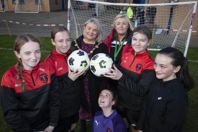 GIRL POWER!. . . .The Mayor Sandra Duffy and St. Joseph’s Boys school Principal, Mrs. Ciara Deane pictured with some of the girls from Phoenix Athletic FC who took part in the Sean O’Kane Memorial Cup on Saturday morning. (Photos: Jim McCafferty Photography)