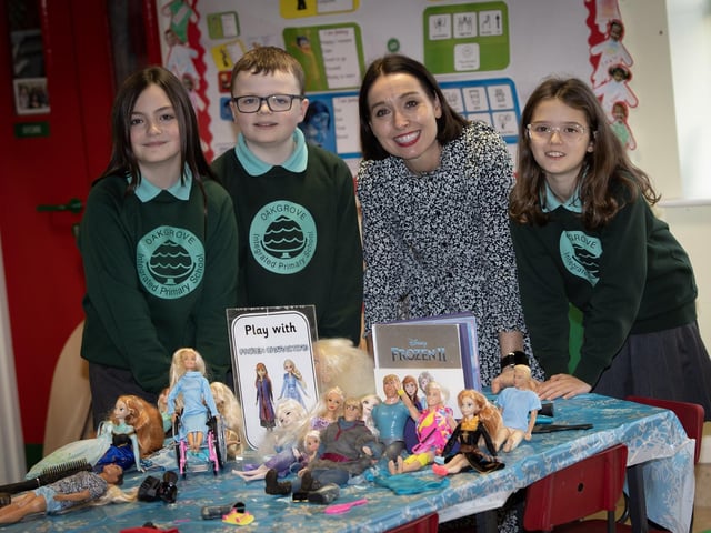 Awaitng the arrival of parents and prospective pupils on Thursday at Oakgrove Integrated Primary School are Mrs. Catrina Sargent with P7 pupils Katie Johnston, Jake Doherty and Eva Cormie. : .