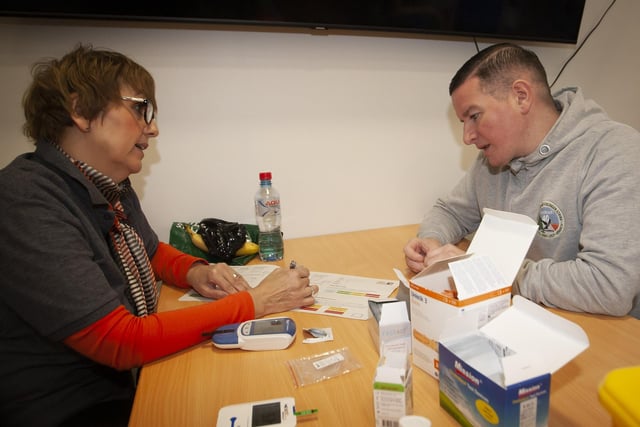 Colly Kelly taking part in a health check with OLT’s Sinead Devine on Saturday.