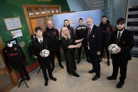 Mrs. Ciara Deane, Principal, St. Joseph's Boys School, Derry pictured welcoming Mr. John Shiels, Chief Executive Officer, Manchester United Foundation to the school on Thursday morning last. Included from left are Damian O'Kane, Year 14 student, Stephen Parkhouse, Matthew Lewsley, MUF, Mr. Emmett McGinty, PE teacher, Ciaran Donnelly, MUF and Darwen Spencer, Year 14. (Photos: Jim McCafferty Photography)