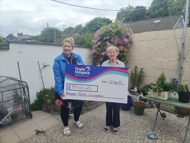 Rosita Cunningham, presenting a cheque for £350 and €5 to Ailbhe McDaid, Community Fundraiser, Foyle Hospice, proceeds from the raffle of a hand sewn blanket, in memory of her son-in-law Paul.
