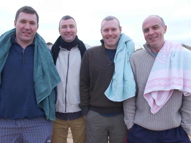 From left, Henry Cleary, Eamon Murphy, Barry Henderson, and Martin Campbell. (0301PG03) : Culdaff New Year's Day Swim in 2006.