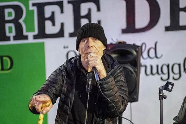 Veteran civil rights activist, journalist and author Eamonn McCann speaking at the '˜Black Flag Solidarity Vigil' on Friday evening at Free Derry Wall, in solidarity with the Bloody Sunday families in the wake of the verdict delivered in the trial of Soldier F at Belfast Crown Court on Thursday. Photo: George Sweeney