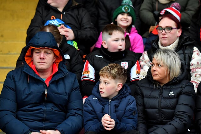 Fans at Derry’s NFL game against Galway at Celtic Park on Saturday evening. Photo: George Sweeney