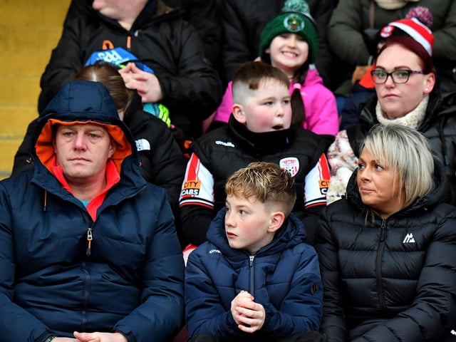 Fans at Derry’s NFL game against Galway at Celtic Park on Saturday evening. Photo: George Sweeney