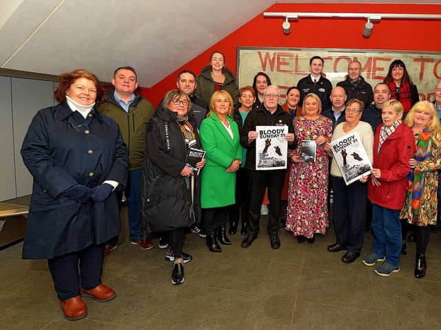 Mayor Sandra Duffy pictured with Bloody Sunday relatives and local politicians at the Bloody Sunday 51 programme of events launch at the Museum of Free Derry on Monday afternoon. Photo: George Sweeney. DER2302GS – 05