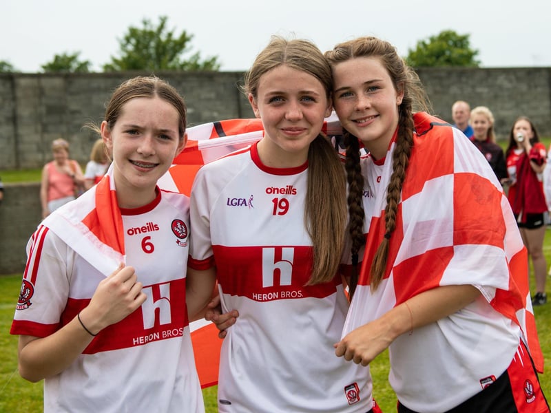 Derry players celebrate after the 2023 All-Ireland U14 Gold Final between Derry and Tipperary at Clan na Gael GAA Club in Dundalk, Co. Louth. Photo by Stephen Marken/Sportsfile