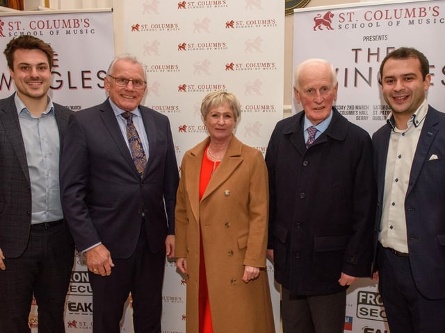 Louis Fields and Nicky Morton, founders of St.Columb’s School of Music pictured with Lord Lieutenant Ian Crowe, Christine Crowe and Sir Denis Desmond, as they hosted the School’s annual Gala concert in St.Columb’s Hall headlined by the Swingles, Picture Martin McKeown.