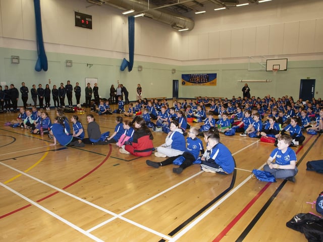 Primary School pupils get instructions from Mrs. Martin, Head of PE, St. Mary’s College, before the start of the Primary Schools Duathlon on Wednesday morning last.