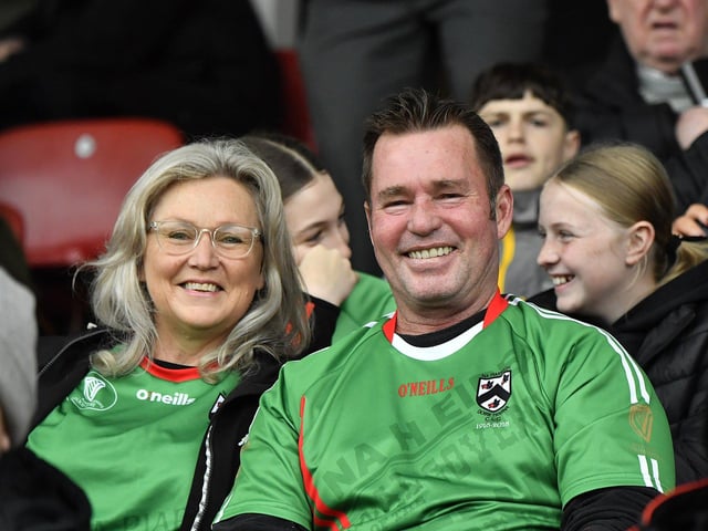 Fans in Celtic Park, on Sunday afternoon, for the Derry Junior Football Championship Final between Doire Trasna and Slaughtmanus. Photo: George Sweeney