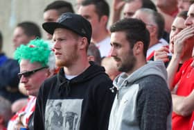 Danny Lafferty (right) alongside James McClean cheering on Derry City during their European tie against Welsh side Aberystwyth Town, in 2014. Picture by Kevin Moore/MCI