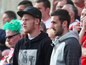 Danny Lafferty (right) alongside James McClean cheering on Derry City during their European tie against Welsh side Aberystwyth Town, in 2014. Picture by Kevin Moore/MCI