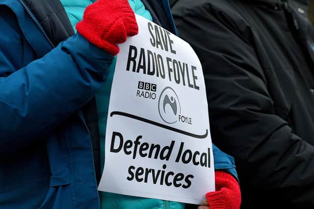 One of the posters carried at a protest outside BBC Radio Foyle, on Northland Avenue against proposed cuts to jobs and services by BBC Northern Ireland as part of a cost-cutting and restructuring project. Photo: George Sweeney. DER2248GS – 42