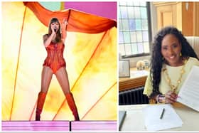 On left: US singer and songwriter Taylor Alison Swift, also known as Taylor Swift performs on stage at the Paris La Defense Arena as part of her The Eras Tour, in Nanterre, north-western France, on May 9, 2024. (Photo by JULIEN DE ROSA / AFP) /  (Photo by JULIEN DE ROSA/AFP via Getty Images) and on right: Mayor of Derry and Strabane Colr Lillian Seenoi-Barr with the letter she wrote to the star, inviting her to visit Derry.