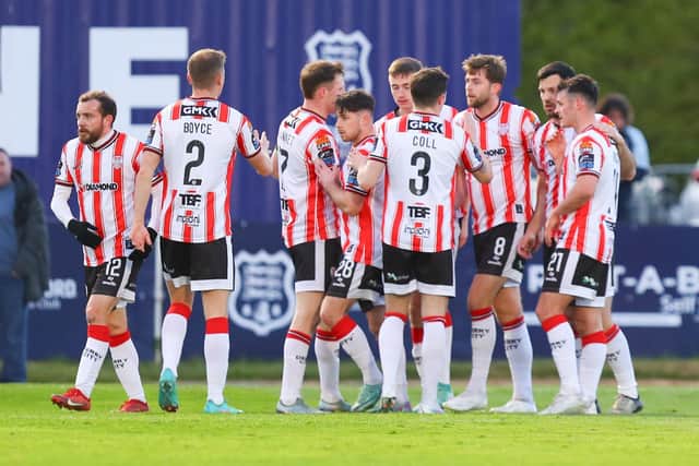 Derry City players celebrate in the first half as Will Patching put them ahead from the penalty spot in Waterford. Photo by Kevin Moore.