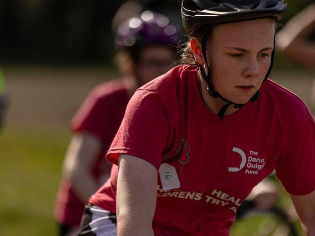 Concentration for the cycling leg of the Caina Healey Children's Try-a-Tri, a special event organised by the Bogside and Brandywell Health Forum in partnership with the Danny Quigley Fund.