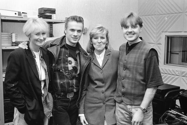 U2 drummer Larry Mullen Jr. during a visit to the Big River recording studio with Undertone and Carrellines drummer Billy Doherty, on right.