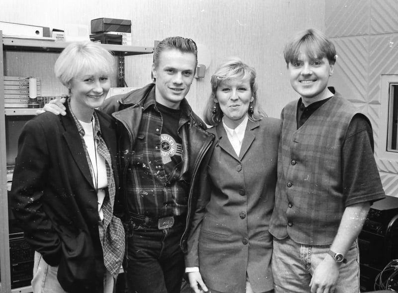 U2 drummer Larry Mullen Jr. during a visit to the Big River recording studio with Undertone and Carrellines drummer Billy Doherty, on right.